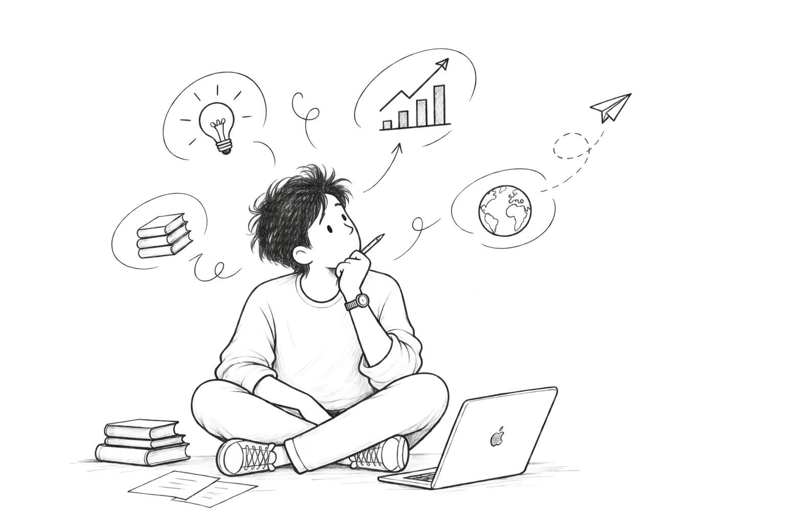 A hand drawn sketch of a person thinking